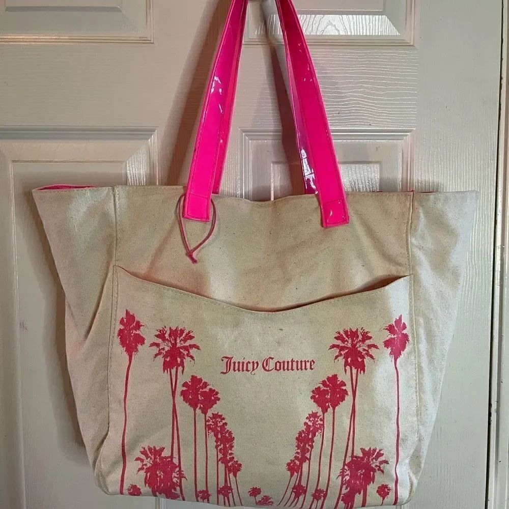Juicy Couture beige and coral pink large cotton tote bag snap closure.